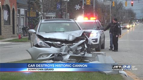 Historic cannon in downtown Girard destroyed by car.